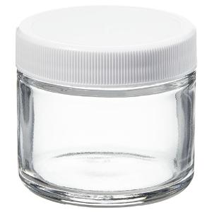 Wide-mouth short-profile clear glass jars with closure