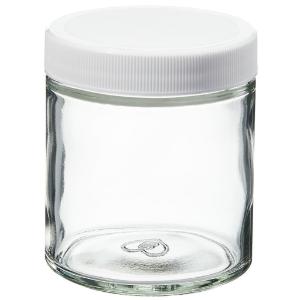 Wide-mouth short-profile clear glass jars with closure