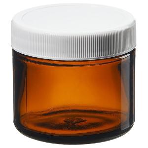 Wide-mouth short-profile amber glass jars with closure