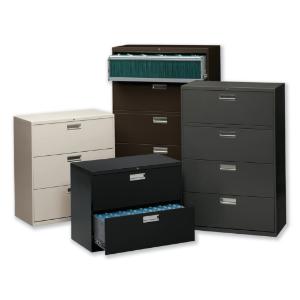 Hon 600 series three-drawer lateral file, light gray