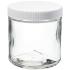 Wide-mouth short-profile clear glass jars with closure